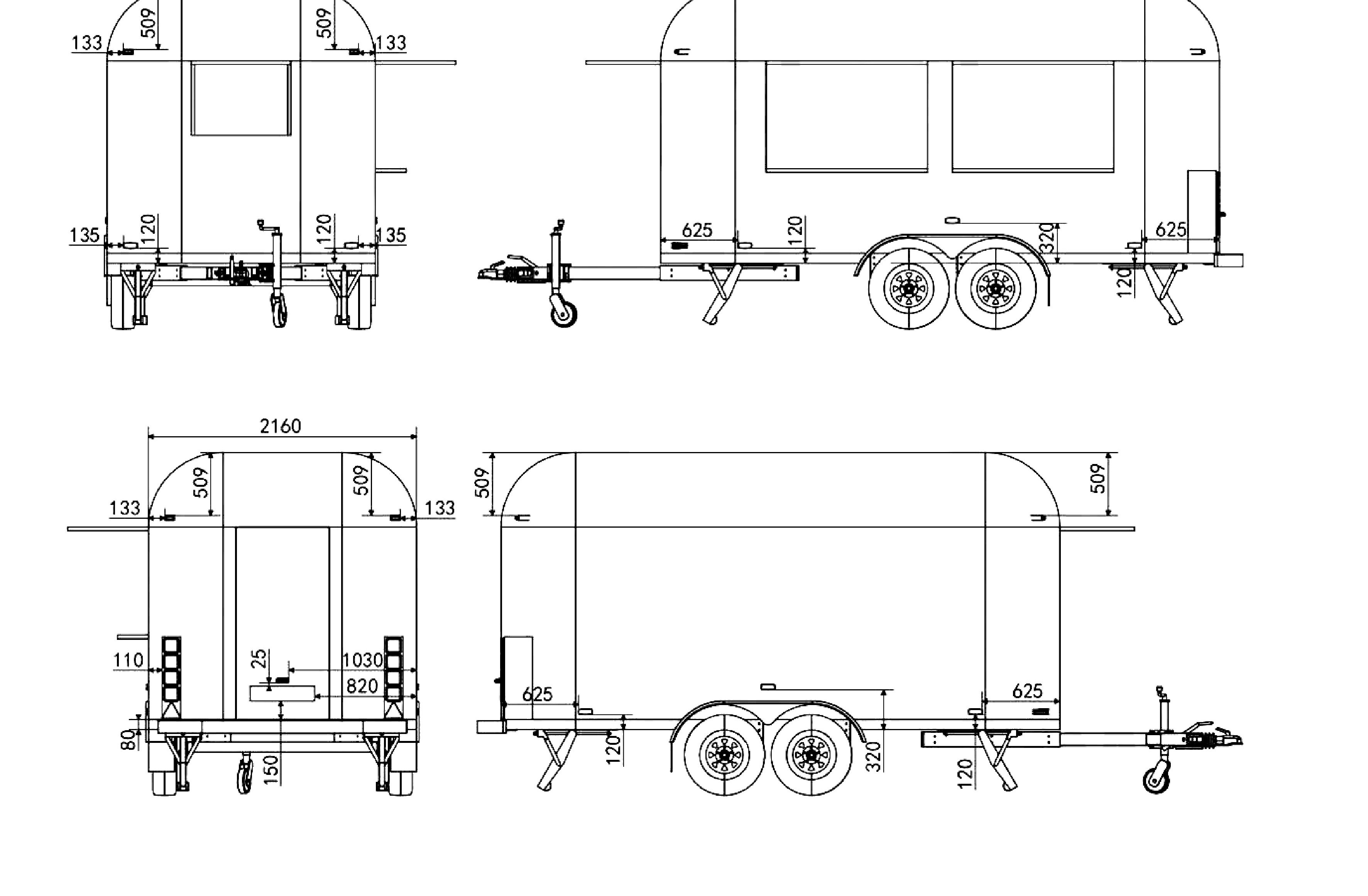 Airstream Food Trailer 2D technical drawing with dimensions in mm