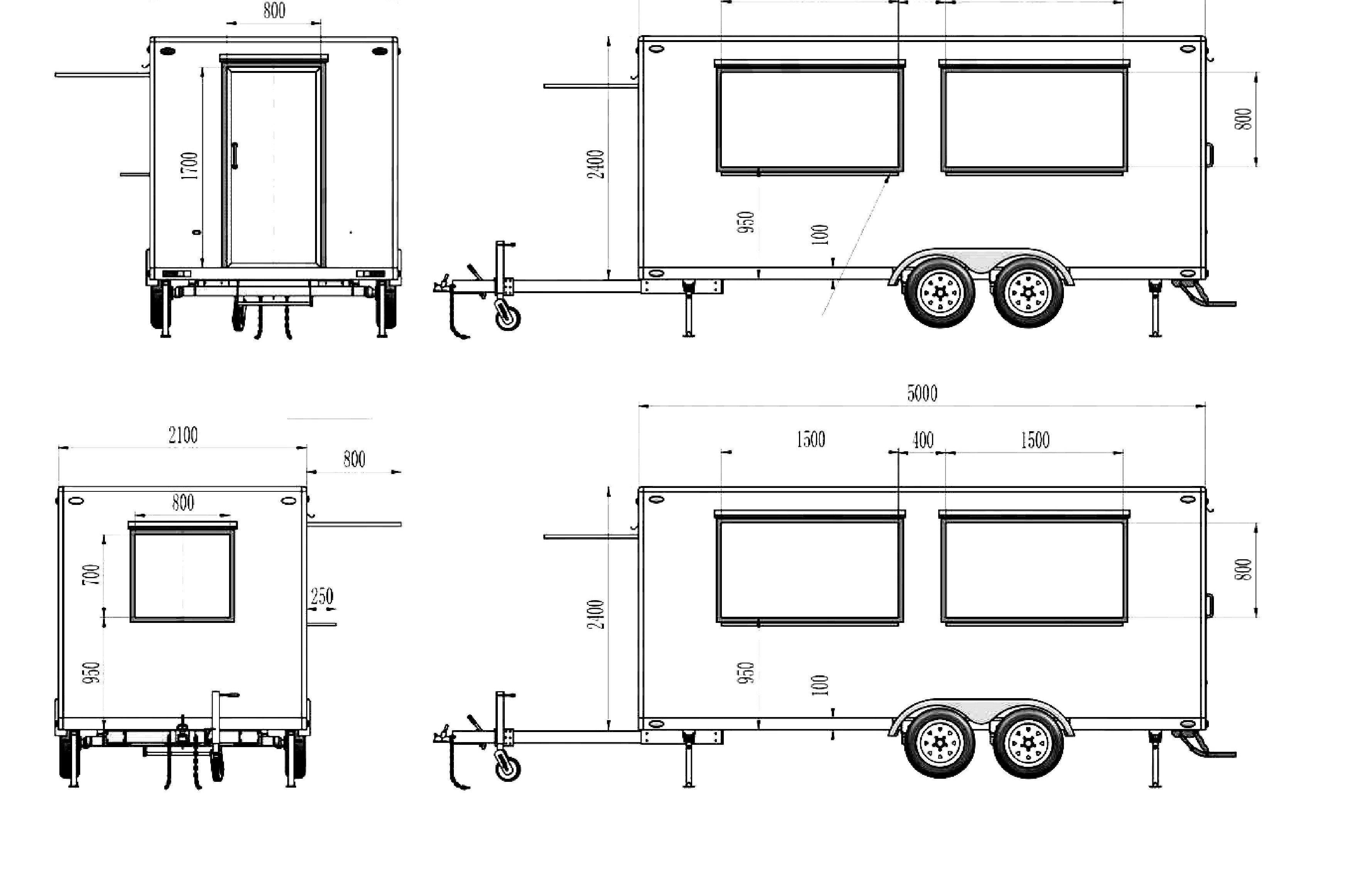 Classic Food Trailer 2D technical drawing with dimensions in mm
