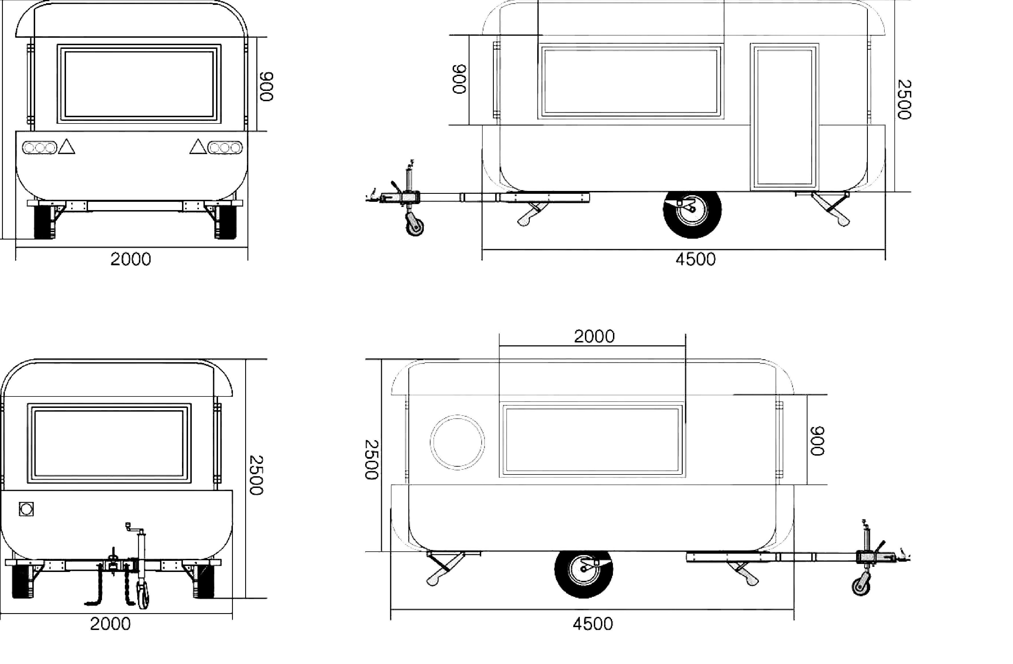 Custom Food Trailer 2D technical drawing with dimensions in mm