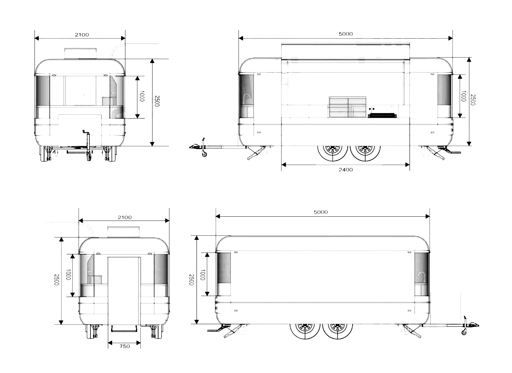 Deluxe Food Trailer 2D technical drawing with dimensions in mm