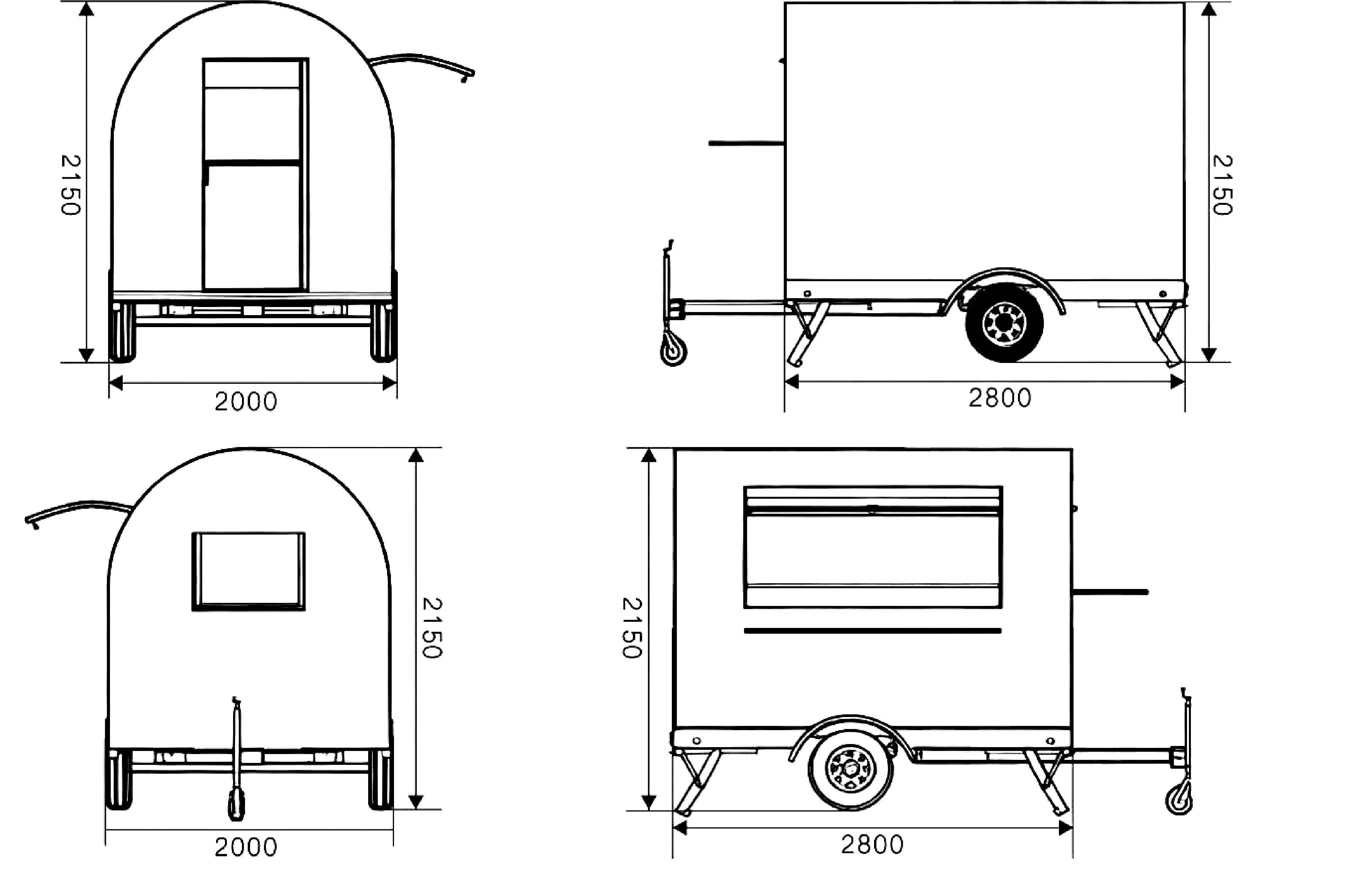 Retro Food Trailer 2D technical drawing with dimensions in mm